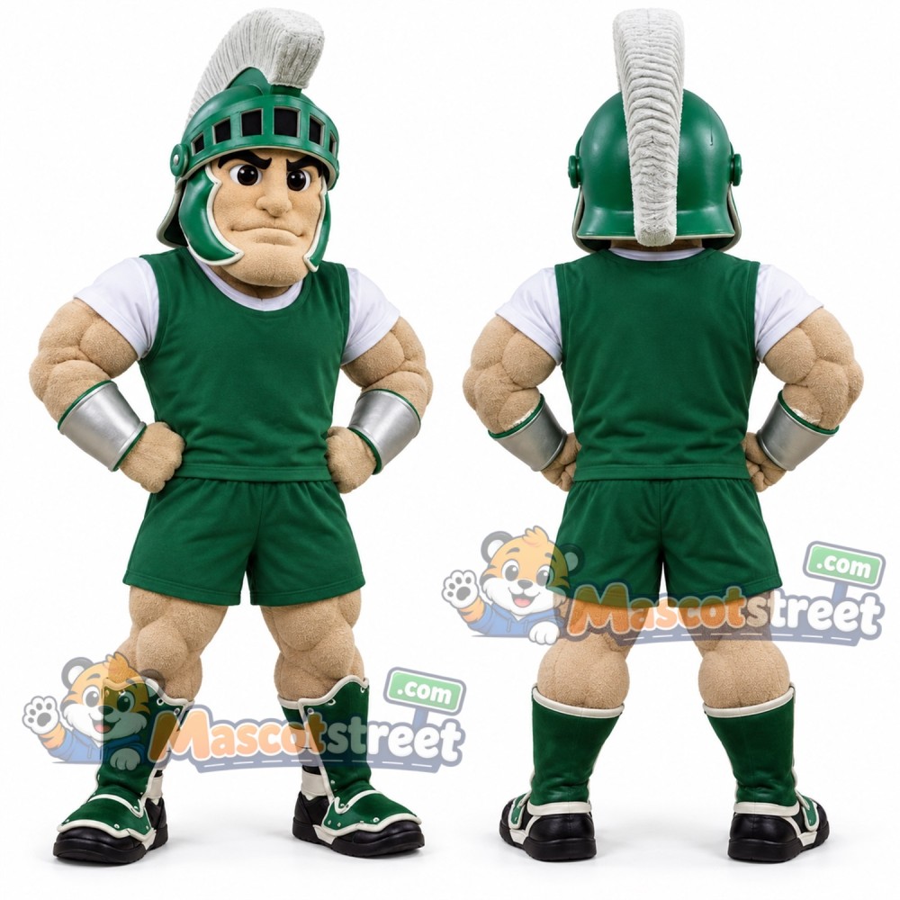 Spartan Warrior Mascot Costume with Green Armor and Plumed Helmet Spartan Warrior Mascot Costume with Green Armor and Plumed Helmet