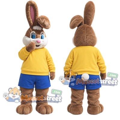 Brown Rabbit Mascot Costume with Yellow Sweatshirt, Blue Shorts and Glasses Brown Rabbit Mascot Costume with Yellow Sweatshirt, Blue Shorts and Glasses