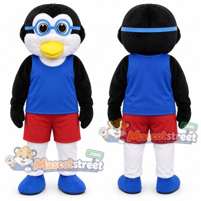 Black and White Penguin Mascot Costume with Blue Sleeveless Shirt, Red Shorts and Goggles Black and White Penguin Mascot Costume with Blue Sleeveless Shirt, Red Shorts and Goggles