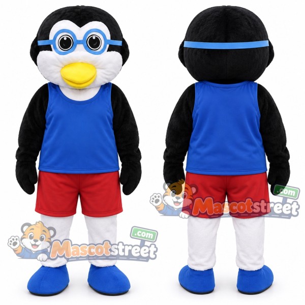 Black and White Penguin Mascot Costume with Blue Sleeveless Shirt, Red Shorts and Goggles