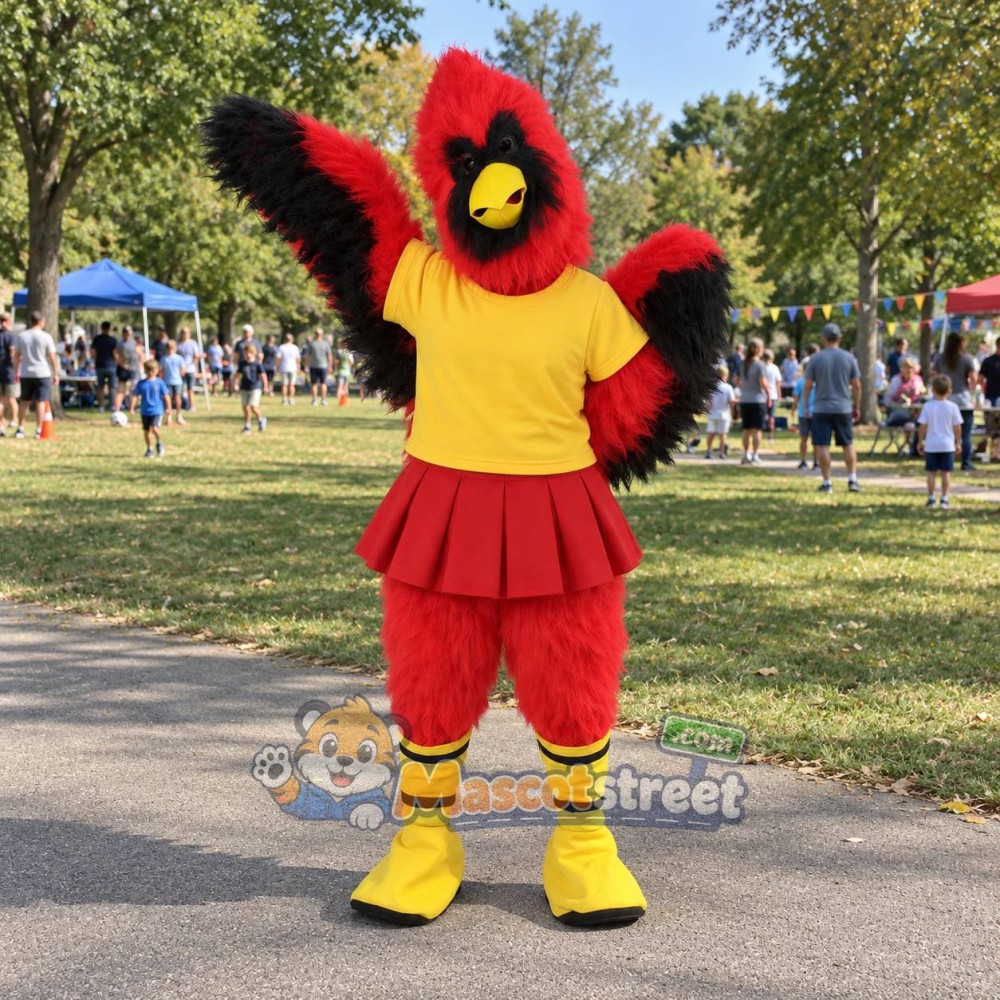 Red Cardinal Mascot Costume with Yellow Shirt and Red Skirt Red Cardinal Mascot Costume with Yellow Shirt and Red Skirt