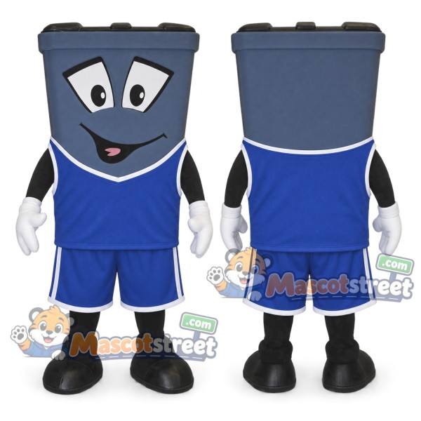 Gray Trash Can Mascot Costume with Navy Sports Uniform