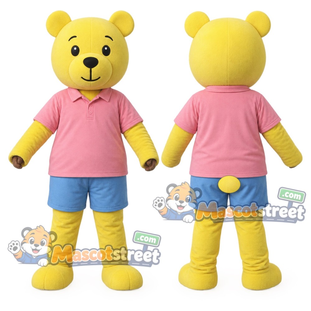 Yellow Bear Mascot Costume with Pink Shirt and Blue Shorts