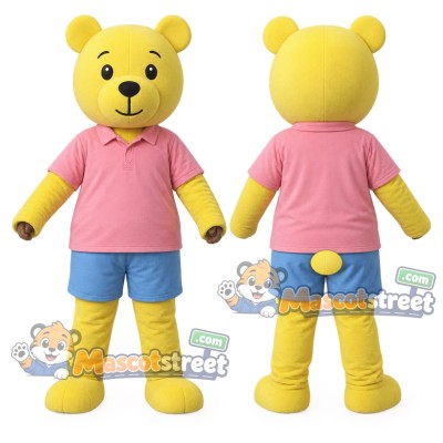 Yellow Bear Mascot Costume with Pink Shirt and Blue Shorts