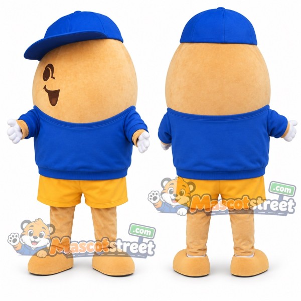 Tan Bean Mascot Costume with Blue Sweatshirt, Yellow Shorts and Blue Cap