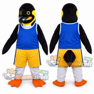 Black Penguin Mascot Costume with Blue Sleeveless Shirt and Yellow Shorts