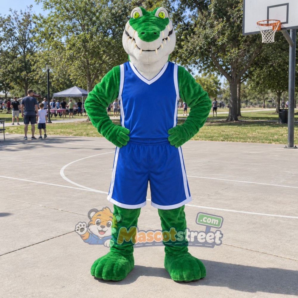 Green Crocodile Mascot Costume with Blue Sports Uniform Green Crocodile Mascot Costume with Blue Sports Uniform