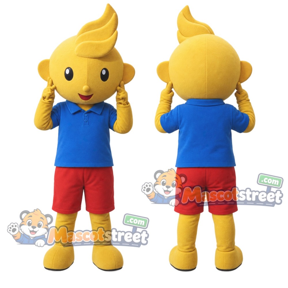 Yellow Boy Mascot Costume with Blue Shirt and Red Shorts