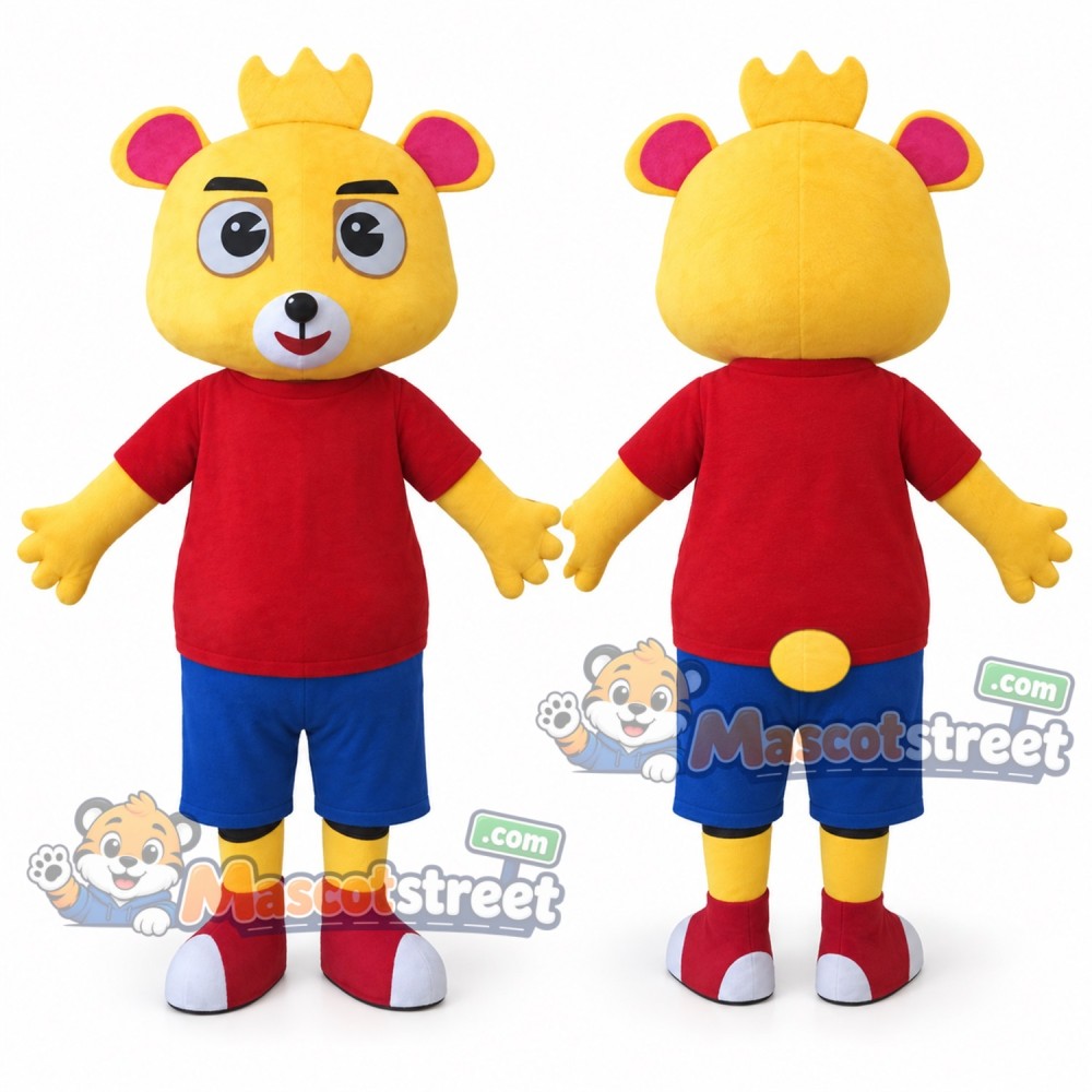 Yellow Bear King Mascot Costume with Red Shirt, Blue Shorts and Crown