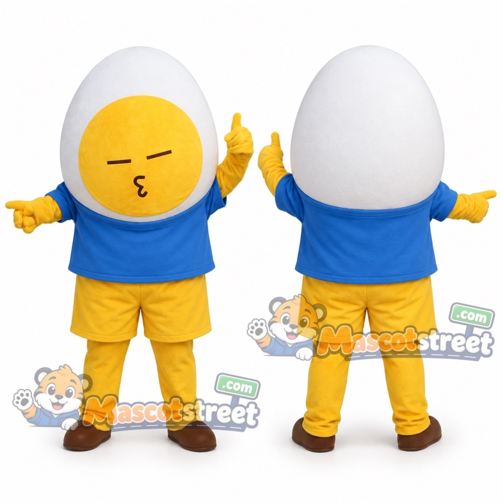 Fried Egg Mascot Costume with Blue Shirt and Yellow Shorts