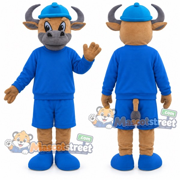 Brown Bull Mascot Costume with Blue Sports Uniform and Blue Cap