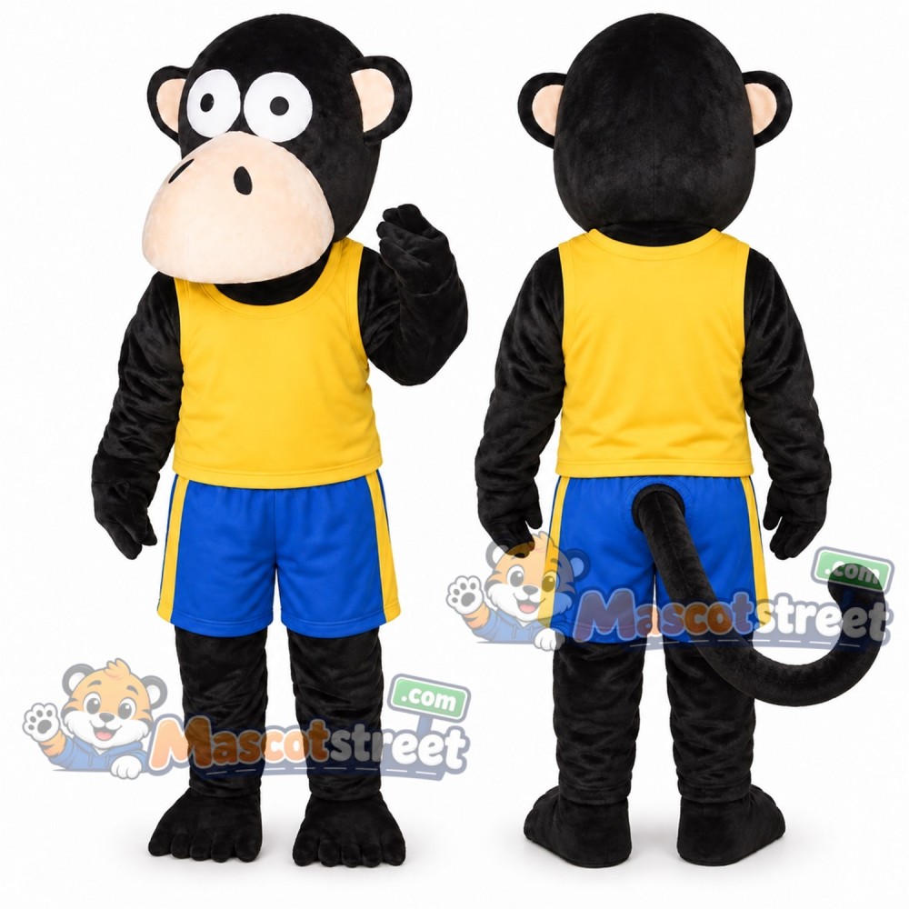 Black Monkey Mascot Costume with Yellow Sleeveless Shirt and Blue Shorts Black Monkey Mascot Costume with Yellow Sleeveless Shirt and Blue Shorts