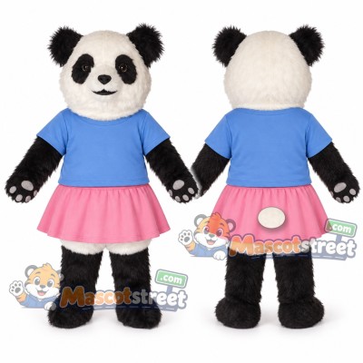 Panda Mascot Costume with Light Blue Shirt and Pink Skirt