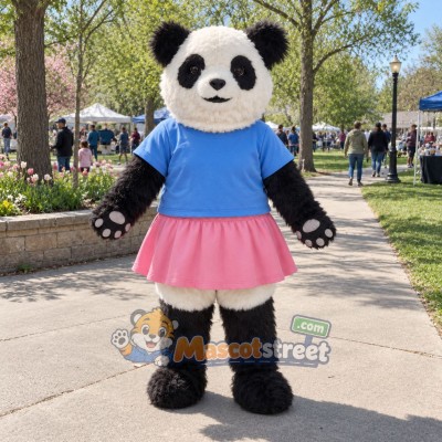 Panda Mascot Costume with Light Blue Shirt and Pink Skirt