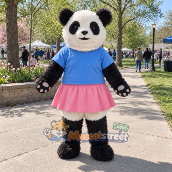 Panda Mascot Costume with Light Blue Shirt and Pink Skirt