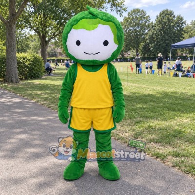 Green Cabbage Mascot Costume with Yellow Sports Uniform