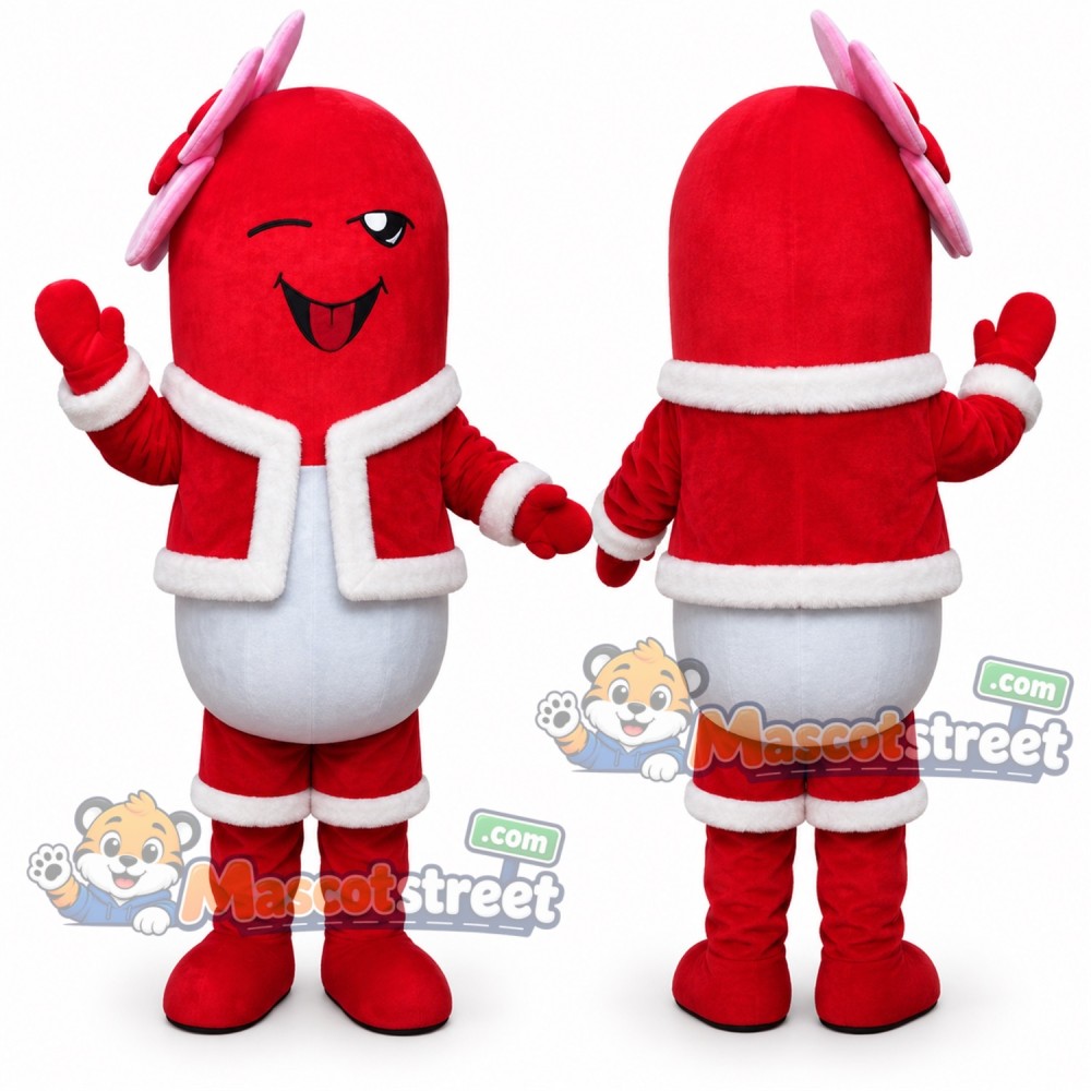 Red and White Pill Mascot Costume with Santa Jacket and Shorts Red and White Pill Mascot Costume with Santa Jacket and Shorts