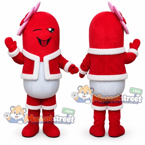 Red and White Pill Mascot Costume with Santa Jacket and Shorts
