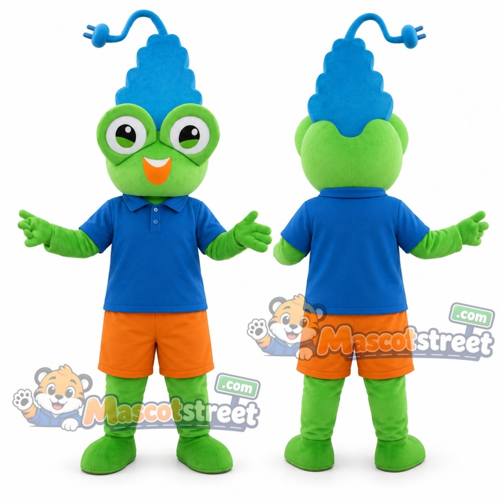 Green Frog Mascot Costume with Blue Shirt and Orange Shorts Green Frog Mascot Costume with Blue Shirt and Orange Shorts