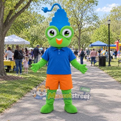 Green Frog Mascot Costume with Blue Shirt and Orange Shorts