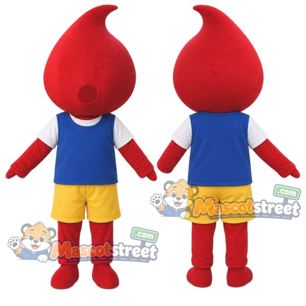 Red Blood Drop Mascot Costume with Blue Sleeveless Shirt and Yellow Shorts