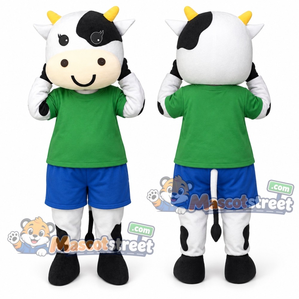 Black and White Cow Mascot Costume with Green Shirt and Blue Shorts