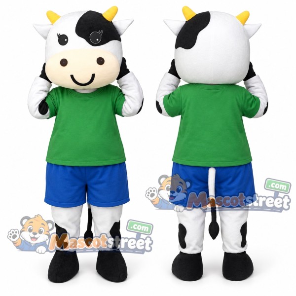 Black and White Cow Mascot Costume with Green Shirt and Blue Shorts