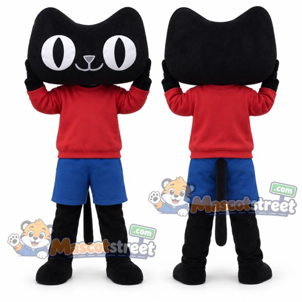 Black Cat Mascot Costume with Red Sweatshirt and Blue Shorts