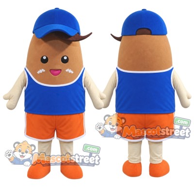 Brown Potato Mascot Costume with Blue Sleeveless Shirt, Orange Shorts and Blue Cap