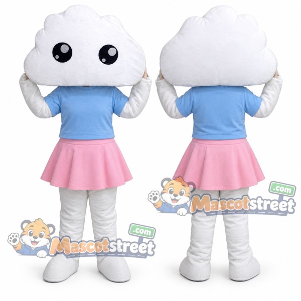 White Cloud Mascot Costume with Light Blue Shirt and Pink Skirt