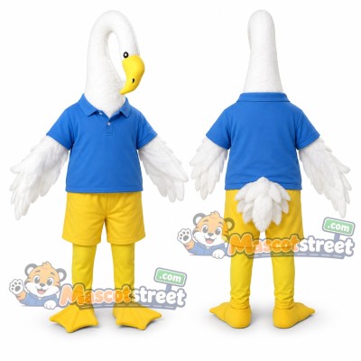 White Swan Mascot Costume with Blue Shirt and Yellow Shorts