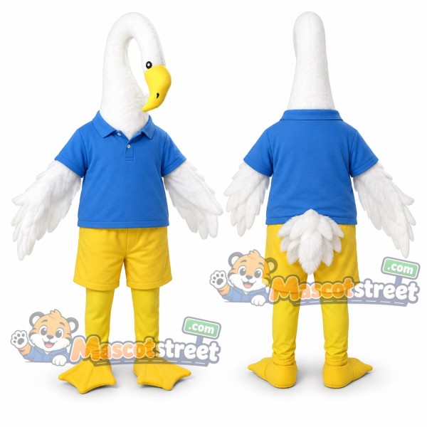 White Swan Mascot Costume with Blue Shirt and Yellow Shorts