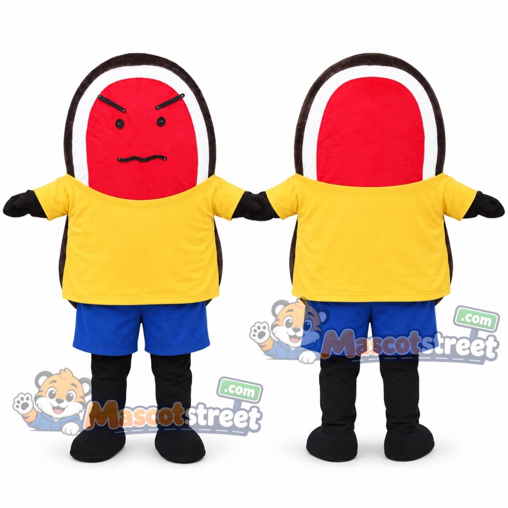 Red Steak Mascot Costume with Yellow Shirt and Blue Shorts Red Steak Mascot Costume with Yellow Shirt and Blue Shorts