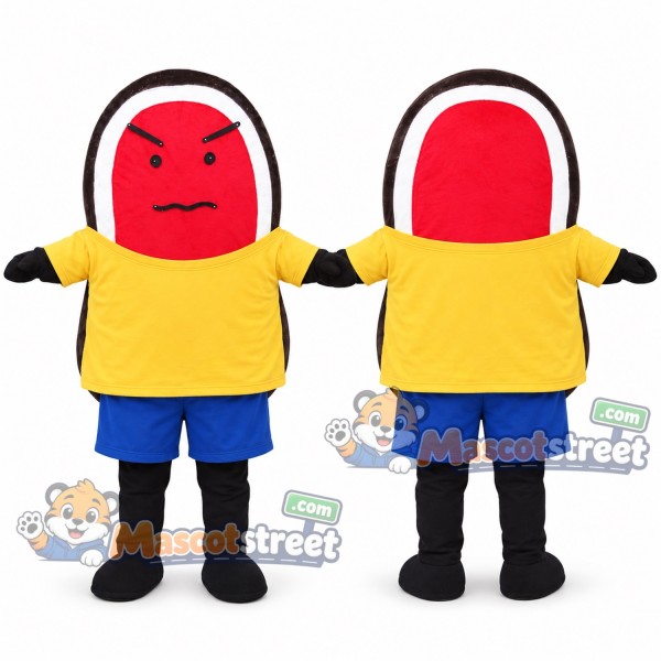 Red Steak Mascot Costume with Yellow Shirt and Blue Shorts