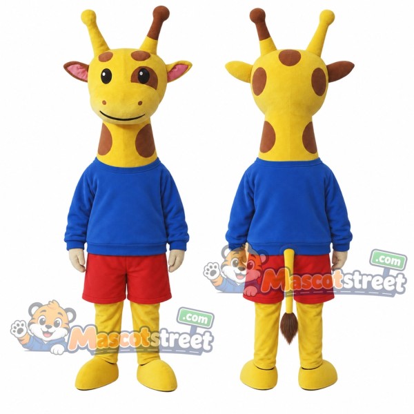 Yellow Giraffe Mascot Costume with Blue Sweatshirt and Red Shorts