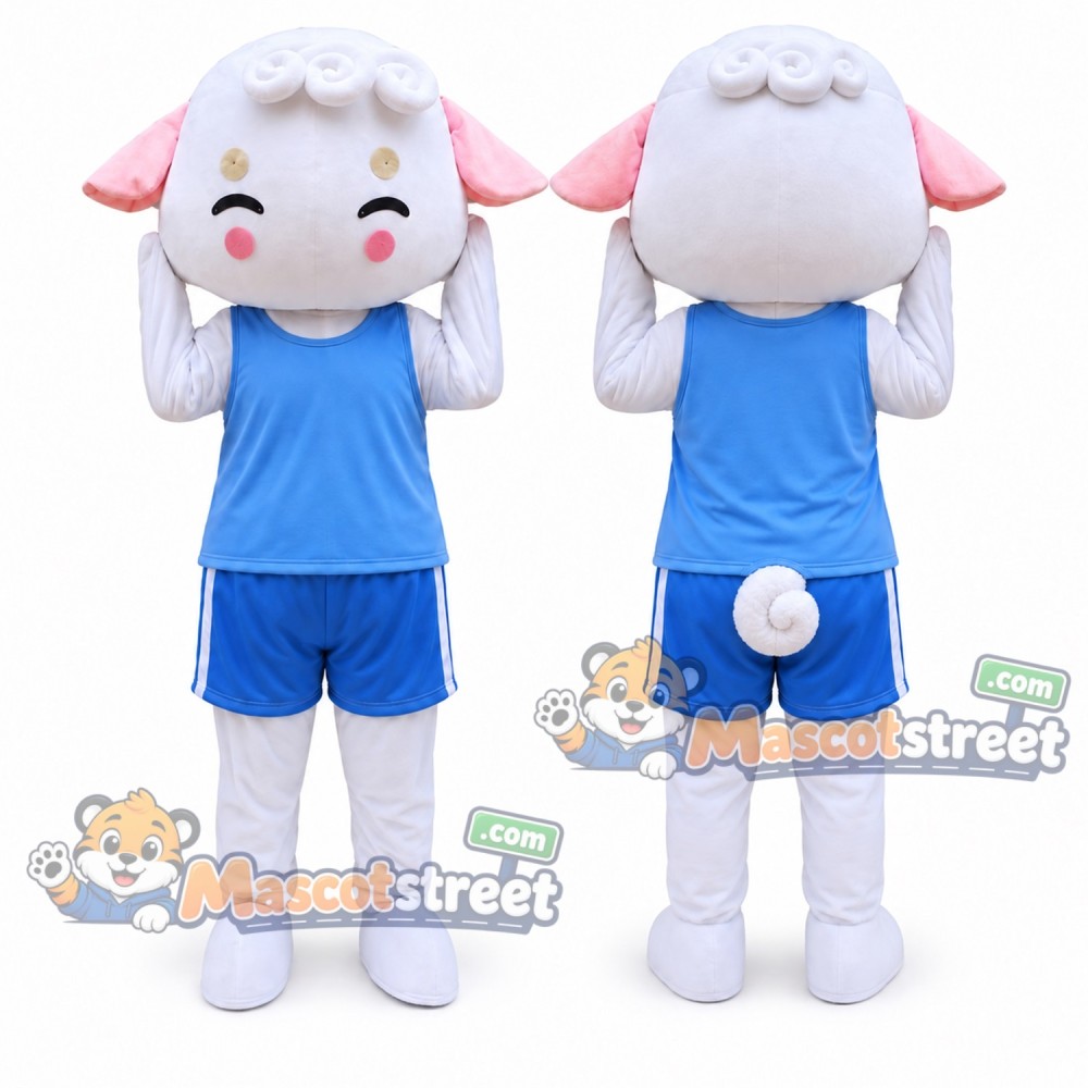 White Sheep Mascot Costume with Light Blue Shirt and Blue Shorts White Sheep Mascot Costume with Light Blue Shirt and Blue Shorts