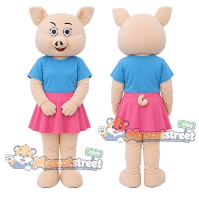 Pink Pig Mascot Costume with Light Blue Shirt and Pink Skirt