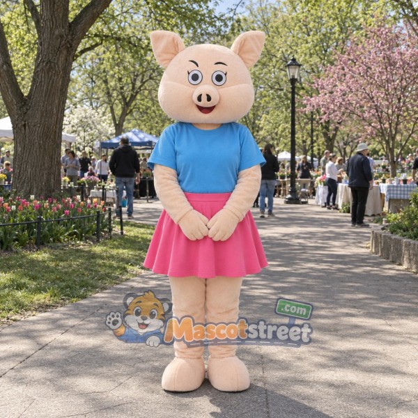 Pink Pig Mascot Costume with Light Blue Shirt and Pink Skirt
