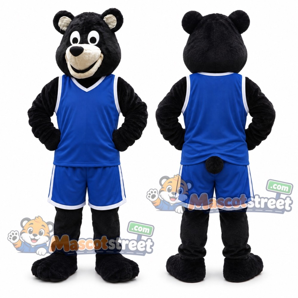 Black Bear Mascot Costume with Blue Sports Uniform