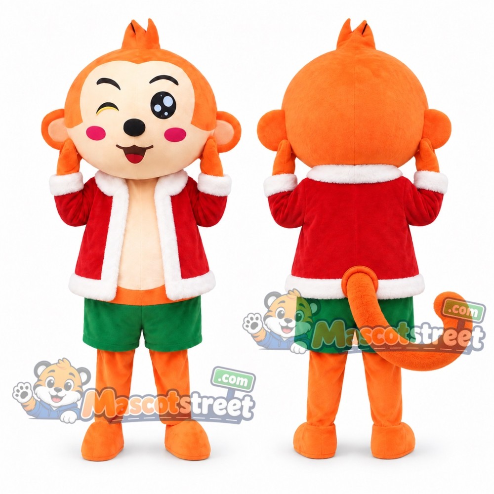 Orange Monkey Mascot Costume with Santa Jacket and Green Shorts