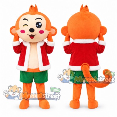 Orange Monkey Mascot Costume with Santa Jacket and Green Shorts