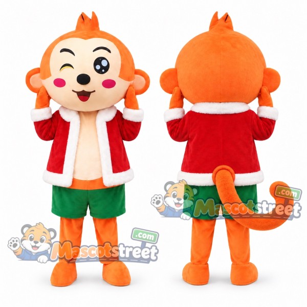 Orange Monkey Mascot Costume with Santa Jacket and Green Shorts