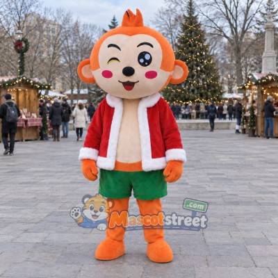 Orange Monkey Mascot Costume with Santa Jacket and Green Shorts Orange Monkey Mascot Costume with Santa Jacket and Green Shorts
