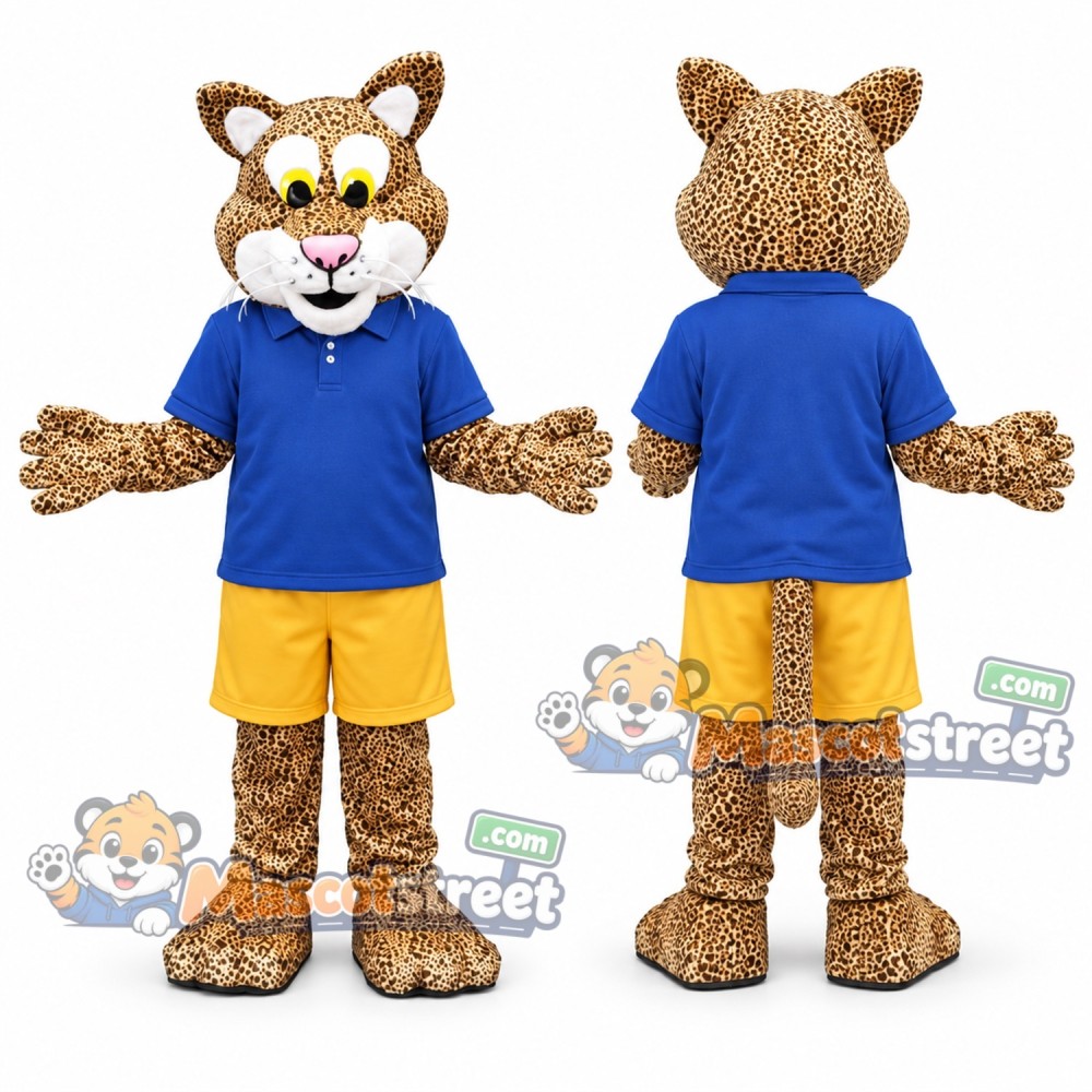 Tan Leopard Mascot Costume with Blue Shirt and Yellow Shorts Tan Leopard Mascot Costume with Blue Shirt and Yellow Shorts