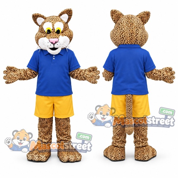 Tan Leopard Mascot Costume with Blue Shirt and Yellow Shorts
