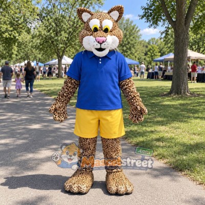 Tan Leopard Mascot Costume with Blue Shirt and Yellow Shorts
