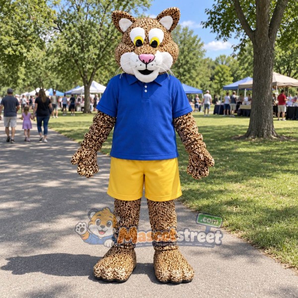 Tan Leopard Mascot Costume with Blue Shirt and Yellow Shorts
