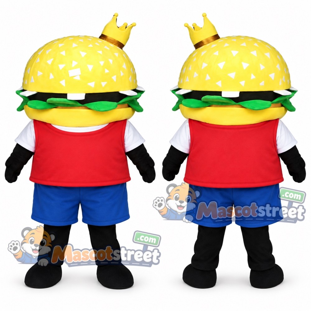 Hamburger King Mascot Costume with Red Shirt, Blue Shorts and Crown Hamburger King Mascot Costume with Red Shirt, Blue Shorts and Crown