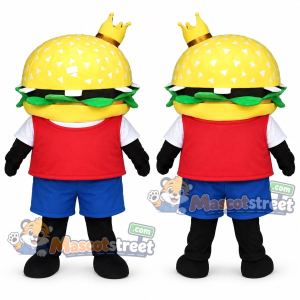 Hamburger King Mascot Costume with Red Shirt, Blue Shorts and Crown