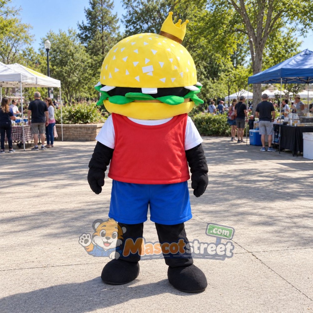 Hamburger King Mascot Costume with Red Shirt, Blue Shorts and Crown